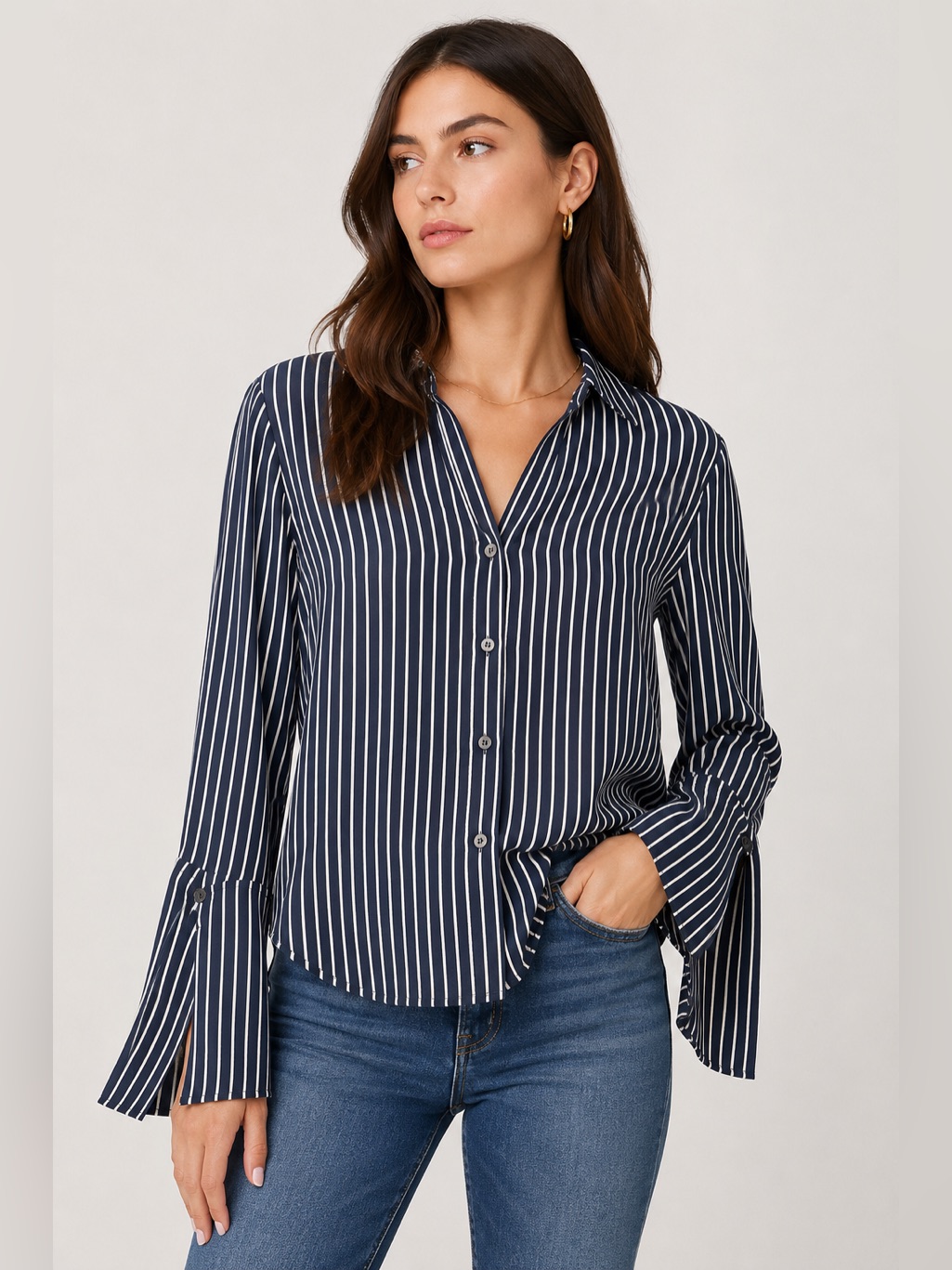 Frame The Standard Silk Shirt In Dark Navy Multi Stripe, Size Small
